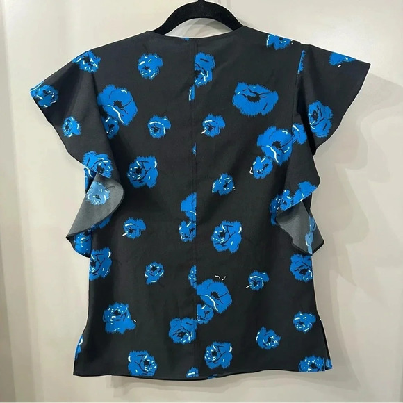 Derek Lam 10 Crosby Blouse Black and Blue Floral Print Ruffle Sleeve Size 0 - Picture 6 of 6